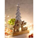 Decoratief figuur kerstboom met hert 20x31cm Kerstdecoratie mangohout aluminium