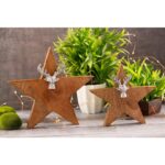 Houten sterfiguur set van 2 met hertenkop – standaard mangohout aluminium – 25/19cm