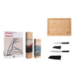 Kotai Bunka Starter Set Deluxe Messen en Keuken Accessoires Set: 2 messen (Bunka schilmesje + Bunka Santoku) + bamboe snijplank