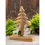 Houten figuur kerstboom met hert en engel 20x27cm Kerstdecoratie mangohout aluminium