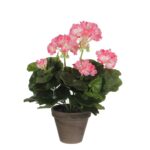 Geranium Kunstplant in Bloempot Stan – H34 x Ø20 cm – Roze, wit