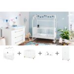 Kwekerij ‘Hilda & Pan’ extra breed, wit, incl. wandplank
4 delen: huisbed, extra brede commode, 2-deurs kledingkast, wandplank