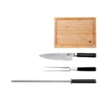 Messen- en Keukenaccessoireset – The BBQ Set Deluxe: Gyuto (koksmes) + vleesvork + aanzetstaal + bamboe snijplank