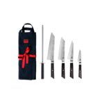 Messen- en keukenaccessoireset – Bunka Complete Set Deluxe (C): 4 messen (Bunka officemes + Bunka Petty + Bunka Santoku + Kiritsuke) + 2 accessoires (100% katoenen oprolmessenzak + aanzetstaal)